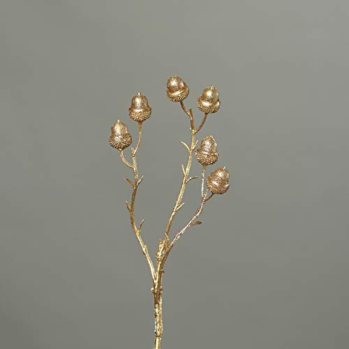 mucplants Künstlicher Eichelzweig mit Glitzer Gold Höhe 42cm Kunstzweig Kunstblumen Dekozweig von mucplants