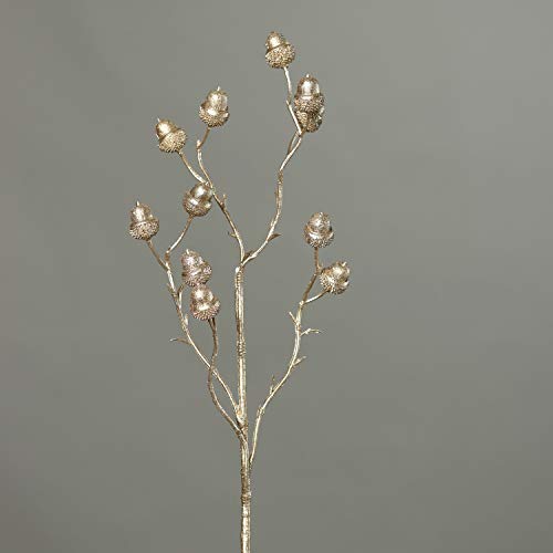 mucplants Künstlicher Eichelzweig mit Glitzer Gold Höhe 60cm Kunstzweig Kunstblumen Dekozweig von mucplants
