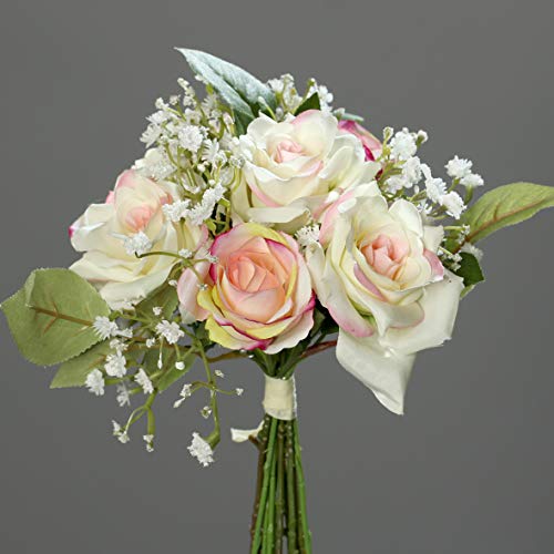 mucplants Rosen- Bouquet 25cm mit Schleierkraut rosa-Creme Kunstblumen künstlicher Strauß Rosen von mucplants