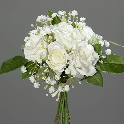 mucplants Rosen- Bouquet 25cm mit Schleierkraut weiß Kunstblumen künstlicher Strauß Rosen von mucplants