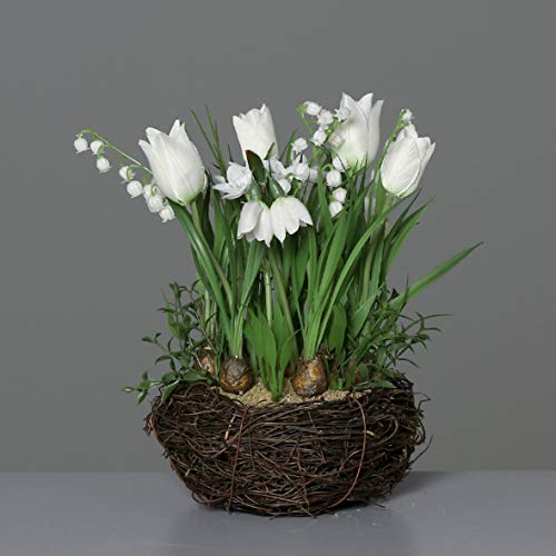 mucplants Wunderschönes künstliches Frühjahrsblumensortiment im Rattan Nest 26cm Creme mit künstliche Tulpen Maiglöckchen Schneeglöckchen Tischdekoration Tischgesteck von mucplants