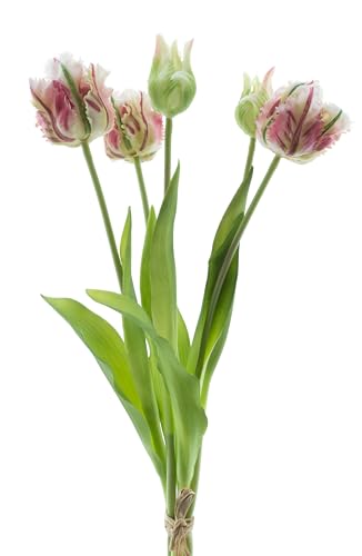 mucplants künstliche Tulpen 40cm Crispa gefranst Tulpenbündel mit 3 Tulpen und 2 Tulpenknospen real Touch (Pink) von mucplants