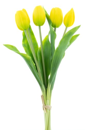 mucplants künstliche Tulpen Holland ca. 36cm Tulpenbündel mit 3 Tulpen und 2 Tulpenknospen real Touch (Gelb) von mucplants