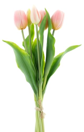 mucplants künstliche Tulpen Holland ca. 36cm Tulpenbündel mit 3 Tulpen und 2 Tulpenknospen real Touch (Rosa) von mucplants