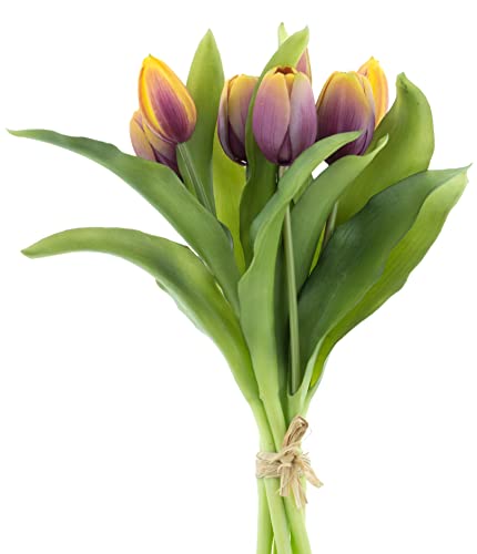 mucplants künstliche Tulpen Tulpenbündel mit 4 Tulpen und 3 Tulpenknospen real Touch (Gelb/Mauve) von mucplants