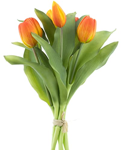 mucplants künstliche Tulpen Tulpenbündel mit 4 Tulpen und 3 Tulpenknospen real Touch (Orange-Rot) von mucplants