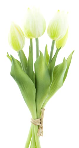 mucplants künstliche Tulpen ca. 26cm Tulpenbündel mit 3 Tulpen und 2 Tulpenknospen real Touch (Creme-weiß) von mucplants