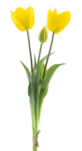 mucplants künstliche offene Tulpen 48cm Open Tulpenbündel mit 2 Tulpen und 1 Tulpenknospe real Touch (Gelb) von mucplants