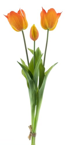 mucplants künstliche offene Tulpen 48cm Open Tulpenbündel mit 2 Tulpen und 1 Tulpenknospe real Touch (Orange-rot) von mucplants