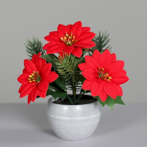 mucplants künstlicher Weihnachtsstern 18cm im Topf mit Tanne und Ilex Poinsettie Samt-Rot Kunstpflanze von mucplants