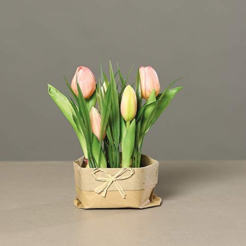 mucplants künstliches Tulpenarrangement mit Gras auf künstlichen Erdballen und Papiertüte ca. 20cm rosa Kunstblume Tulpe Kunstpflanze von mucplants