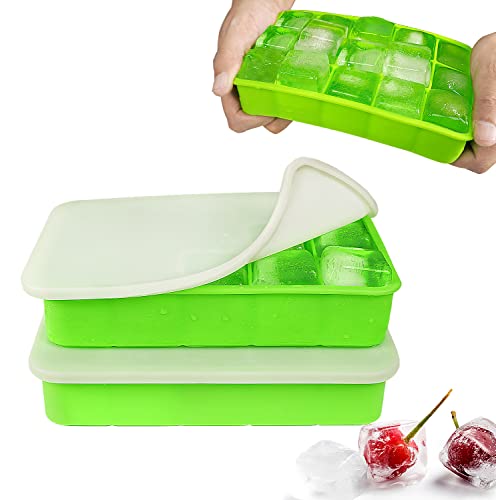 Eiswürfelform Silikon Eiswürfelbehälter mit Deckel 15-Fach 3cm Quadratische Eiswürfel Ice Cube Tray für Whisky, Cocktails Grün, 2 Stück von muenfly