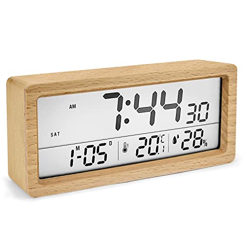 muenfly Wecker Digital, Digitaler Wecker 14.5 x 5.5cm großem Bildschirm Tischuhr mit Snooze/Datum/Temperatur und Luftfeuchtigkeit für Nachttisch, Schlafzimmer, Nacht Kinder und Büro (Buchenholz) von muenfly