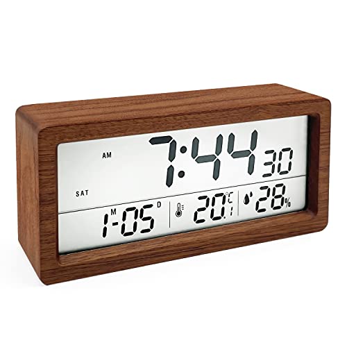 muenfly Wecker Digital, Digitaler Wecker 14.5 x 5.5cm großem Bildschirm Tischuhr mit Snooze/Datum/Temperatur und Luftfeuchtigkeit für Nachttisch, Schlafzimmer, Nacht Kinder und Büro (Sapele Braun) von muenfly