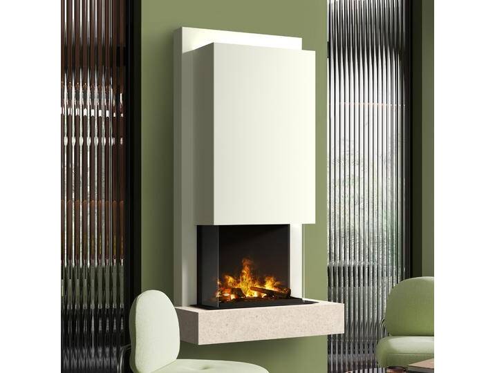 muenkel design Arco [Elektrokamin Opti-myst]: Jura (Schiefer beige) - Haube weiß von muenkel-design