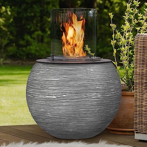 muenkel design MEDA – Riffelung weiß-grau – Bio-Ethanol Feuerstelle Gartenfackel Terrassenfeuer mit Round Burner 350 Brennkammer von muenkel design