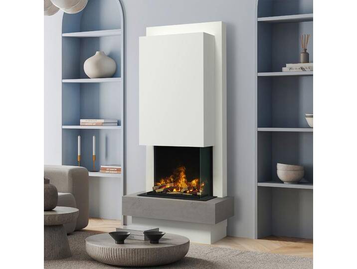 muenkel design Milano [moderner Design Elektrokamin Opti-myst]: Concrete (Betonoptik) - Haube weiß - Mit Heizung von muenkel-design