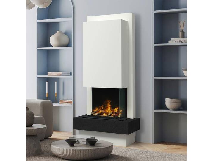 muenkel design Milano [moderner Design Elektrokamin Opti-myst]: Nero (Schiefer schwarz) - Haube weiß - Mit Heizung von muenkel-design