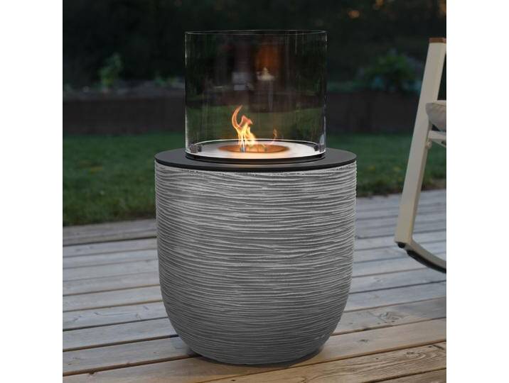 muenkel design Vagos [Ethanol Feuerstelle für den Innen- und Außenbereich]: Riffelung weiß-grau - mit Schutzhülle von muenkel-design