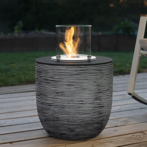 muenkel design Vigo – Riffelung schwarz-grau – Bio-Ethanol Feuerstelle Gartenfackel Terrassenfeuer mit Round Burner 250 Brennkammer von muenkel design