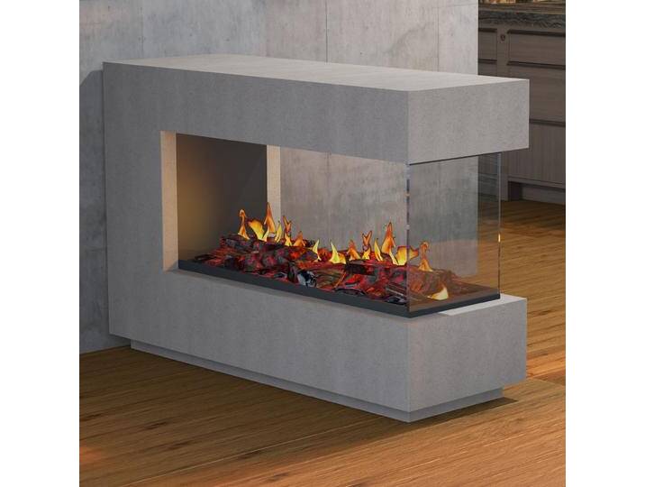 muenkel design loft.line 1400 -- C-02 Raumteiler [Design Opti-myst Elektrokamin mit Tankbefüllung]: Betonoptik - Ohne Heizung - Dekoholz mit Stehrost (gerade) - mit Scheibe von muenkel-design