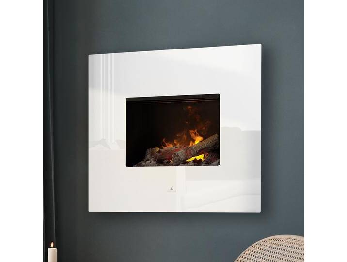 Noble Flame ORION [Opti-myst Elektro-Wandkamin]: Weiß - Schwarz, spiegelnd - Dekoholz mit Stehrost (gezackt) von muenkel.eu