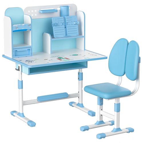 mufojyez Kids Study Desk Chair Set, Height Adjustable Children Study Desk with Bookshelf and Sitting Corrector, School Study Furniture Set with Backpack Hooks, Movable Ergonomic Desks Chairs for S mufojyez Kids Study Desk Chair Set, Height Adjustable Children Study Desk with Bookshelf and Sitting Corrector, School Study Furniture Set with Backpack Hooks, Movable Ergonomic Desks Chairs for S von mufojyez