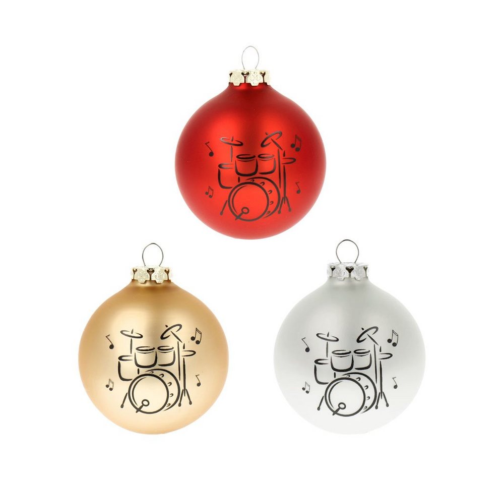 mugesh Weihnachtsbaumkugel 3er-Set Weihnachtskugeln Schlagzeug silber-rot-gold, für Musiker von mugesh