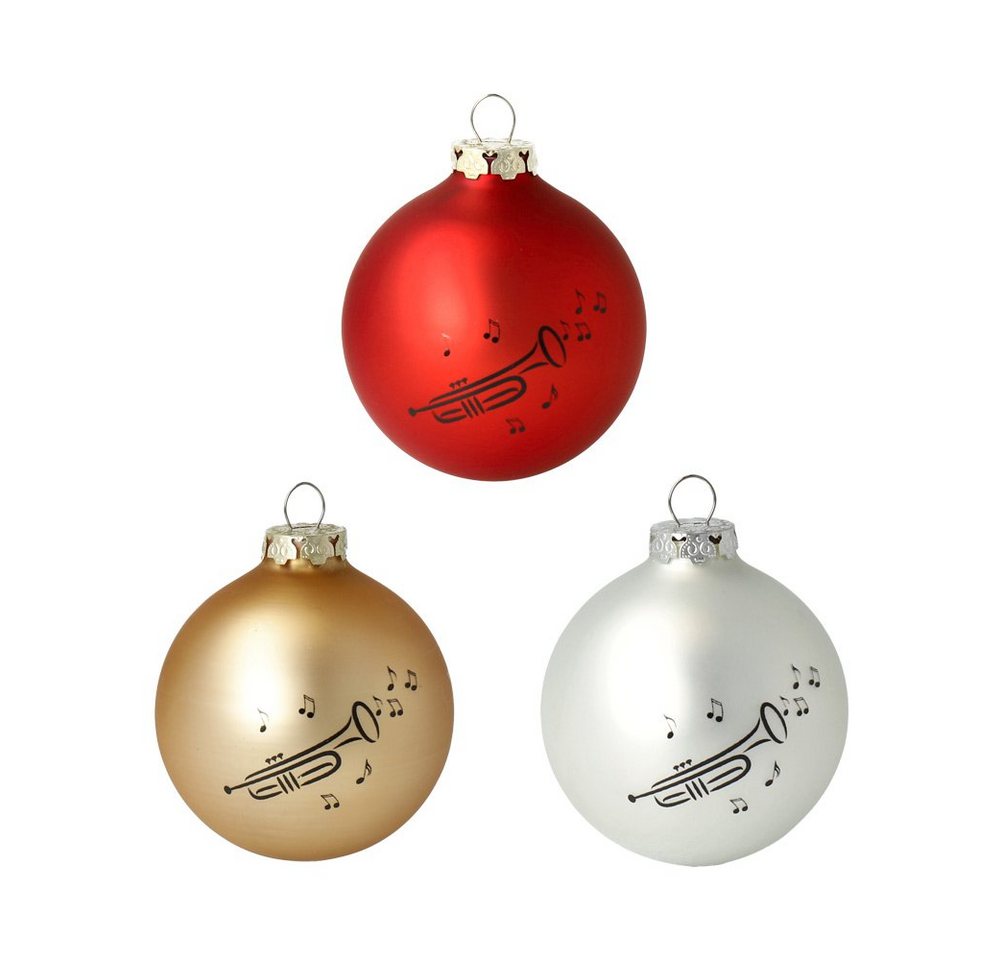 mugesh Weihnachtsbaumkugel 3er-Set Weihnachtskugeln Trompete silber-rot-gold, für Musiker von mugesh