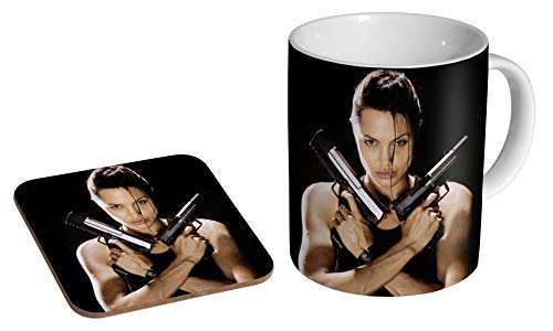 Angelina Jolie Lara Croft Keramik-Kaffeetasse + Untersetzer Geschenkset von mugmart