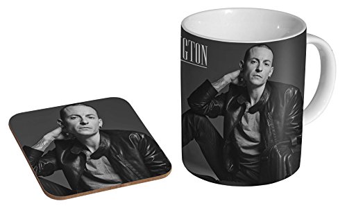 Chester Bennington RIP BW Keramik-Kaffeetasse + Untersetzer, Geschenk-Set von mugmart