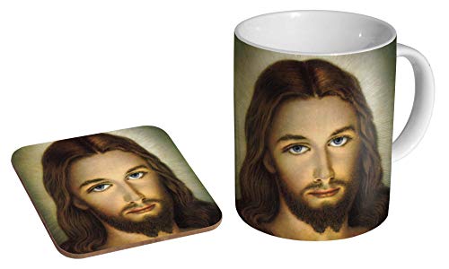 Kaffeetasse und Untersetzer aus Keramik mit Jesus Christus Portrait, Geschenk-Set von mugmart