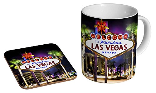 Keramik-Kaffeetasse mit Las Vegas Schild und Untersetzer, Geschenk-Set von mugmart