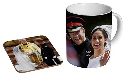 Keramik-Kaffeetasse mit Untersetzer, Motiv königliche Hochzeit, Prinz Harry und Meghan Wave von mugmart