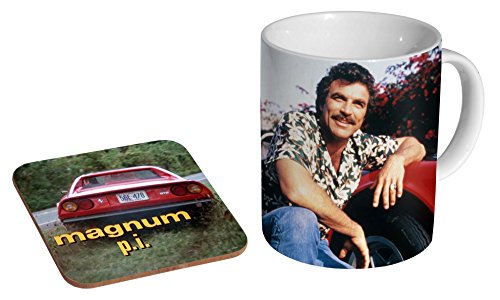 Magnum PI Tom Selleck Keramik Kaffeetasse + Untersetzer Geschenkset von mugmart