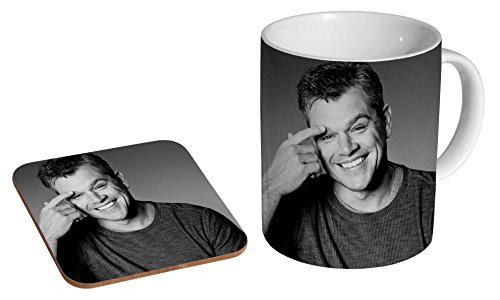 Matt Damon Kaffeebecher und Untersetzer aus Keramik, Geschenkset von mugmart