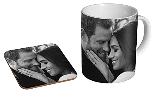 Meghan Markle Harry BW Keramik-Kaffeetasse + Untersetzer, Geschenk-Set von mugmart