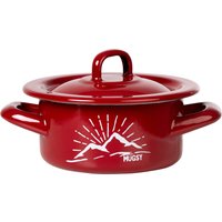 Emaillegeschirr in Rot Topf Mit Deckel, Schüssel | Motivdruck Berge Robust, Weißer Aufdruck, Für Wandern, Reise, Camping Retro Design von mugsytassen