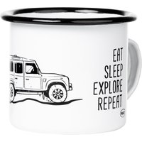 Emailletasse Eat Sleep Explore | Im Retro Design Mit Geländewagen Land Rover Defender Motiv Seitenansicht von mugsytassen