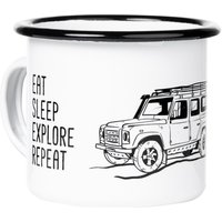 Emailletasse Eat Sleep Explore | Im Retro Design Mit Geländewagen Land Rover Defender Motiv von mugsytassen