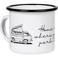 Emailletasse Home Is Where You Park It | Im Retro Design Campingbus Mit Aufstelldach Motiv Campervan Zeichnung von mugsytassen