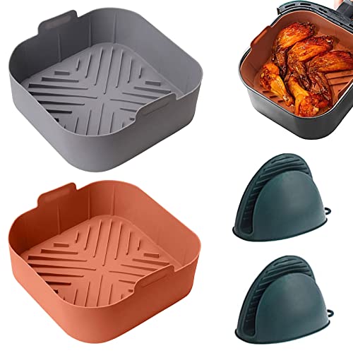 2 Silikonform Für Heißluftfritteuse, 21cm Air Fryer Silicone Pot mit zwei Ofenhandschuhen, Wiederverwendbarer Heißluftfritteuse Silikon Backblech Hitzebeständig Einfache Reinigung von mumisuto