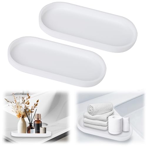2 Stück Badezimmer Tablett,Silikon Deko Tablett,Dekotablett Oval Schminktisch Ablageschale,Badezimmertablett Waschbecken Ablage für Wohnzimmer, Schlafzimmer, Badewanne und Küchenspüle (Weiß) von mumisuto