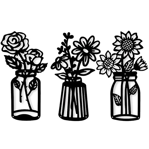 3 Stück Blume Wanddekoration,Metall Blume Wanddekor,Minimalistische Vase Wandkunst Schwarze Sonnenblume Rosen Gänseblümchen Eisen Dekor,Blumen Wandskulptur für Badezimmer Wohnzimmer Zuhause Küche von mumisuto