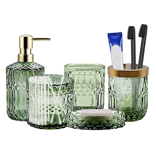 5tlg Badezimmer Zubehör Set, Bad Zubehör enthält Lotion Flasche, Zahnbürste Becher, Mundwasser Becher, Wattestäbchen Jar, Seifenschale, Moderne Badezimmer Dekoration und Geschenk-Set, Grün von mumisuto