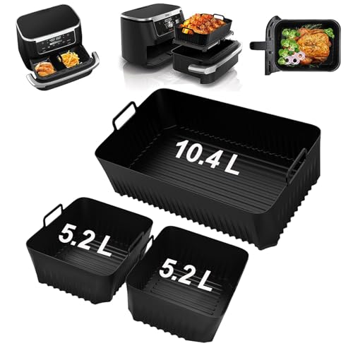 Ninja Heißluftfritteuse Zubehör 3 Stück, Zubehör Ninja Heißluftfritteuse für Ninja Af500, Silikonform Heißluftfritteuse, Air Fryer Silikon-Backform, 5,2L x 2 und 10.4L, Schwarz von mumisuto