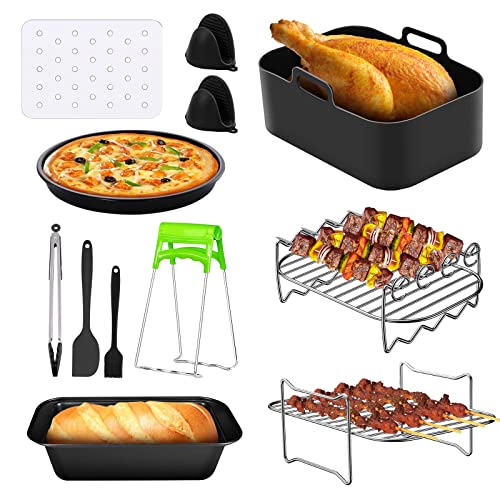 Airfryer Zubehör,Heißluftfritteuse Zubehö 11 Teiliges Set für 5,5L Fritteusen Aller Marken,Airfryer xxl zubehör Set Einschließlich Kuchen Korb Pizza Pfanne Backen Rack Kraft Liner Tray Pinsel Clip von mumisuto