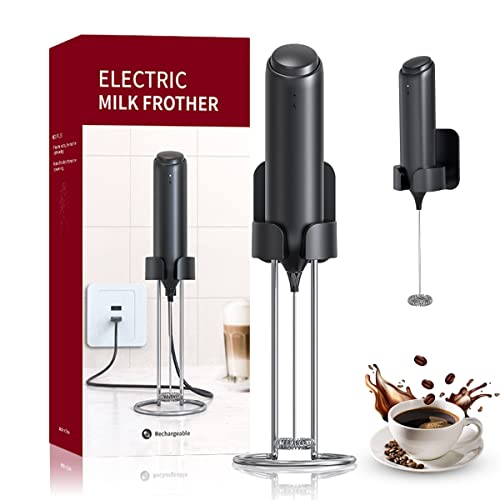 Elektrischer Milchaufschäumer, USB wiederaufladbarer elektrischer Milchaufschäumer mit Edelstahlständer, handgeführter elektrischer Milchaufschäumer für Milch, Tee, Kaffee, Matcha, Lattes von mumisuto