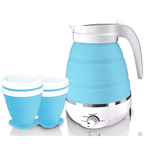 Faltbarer Silikon Wasserkessel, 0.6 L Camping Teekessel mit 2 faltbaren Becher und mehrfacher Einstellungen 850W Silikon Reisewasserkocher für Wärmer Wasser Kaffee Tee (Blau) von mumisuto