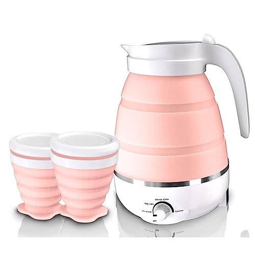 Faltbarer Silikon Wasserkessel, 0.6 L Camping Teekessel mit 2 faltbaren Becher und mehrfacher Einstellungen 850W Silikon Reisewasserkocher für Wärmer Wasser Kaffee Tee (Rosa) von mumisuto